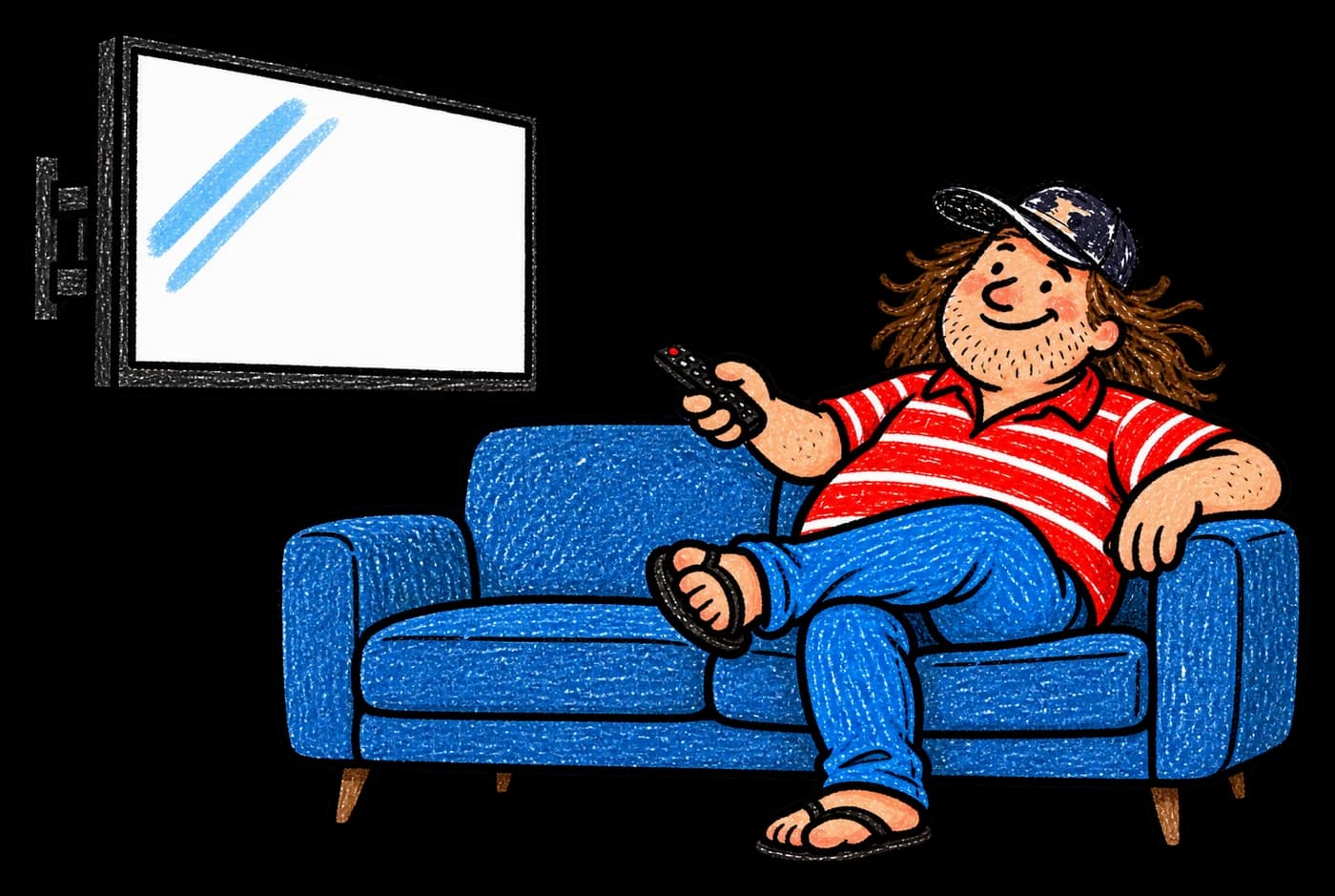 Billy kicked back on a blue couch, remote in hand, a TV mounted on the wall.