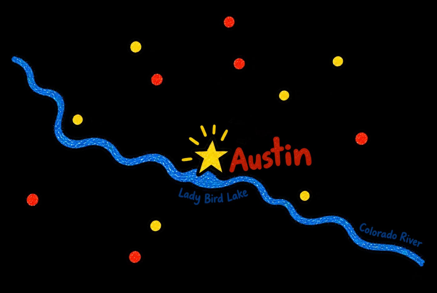 A crayon map of Austin and the towns around it that Billy covers.