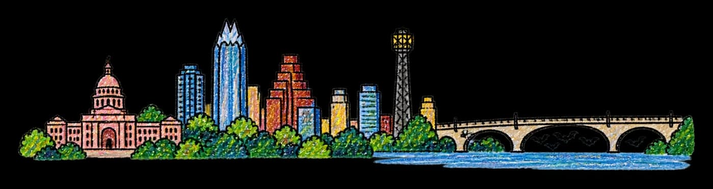 A crayon drawing of the Austin skyline with bats flying out from under the Congress Avenue bridge.