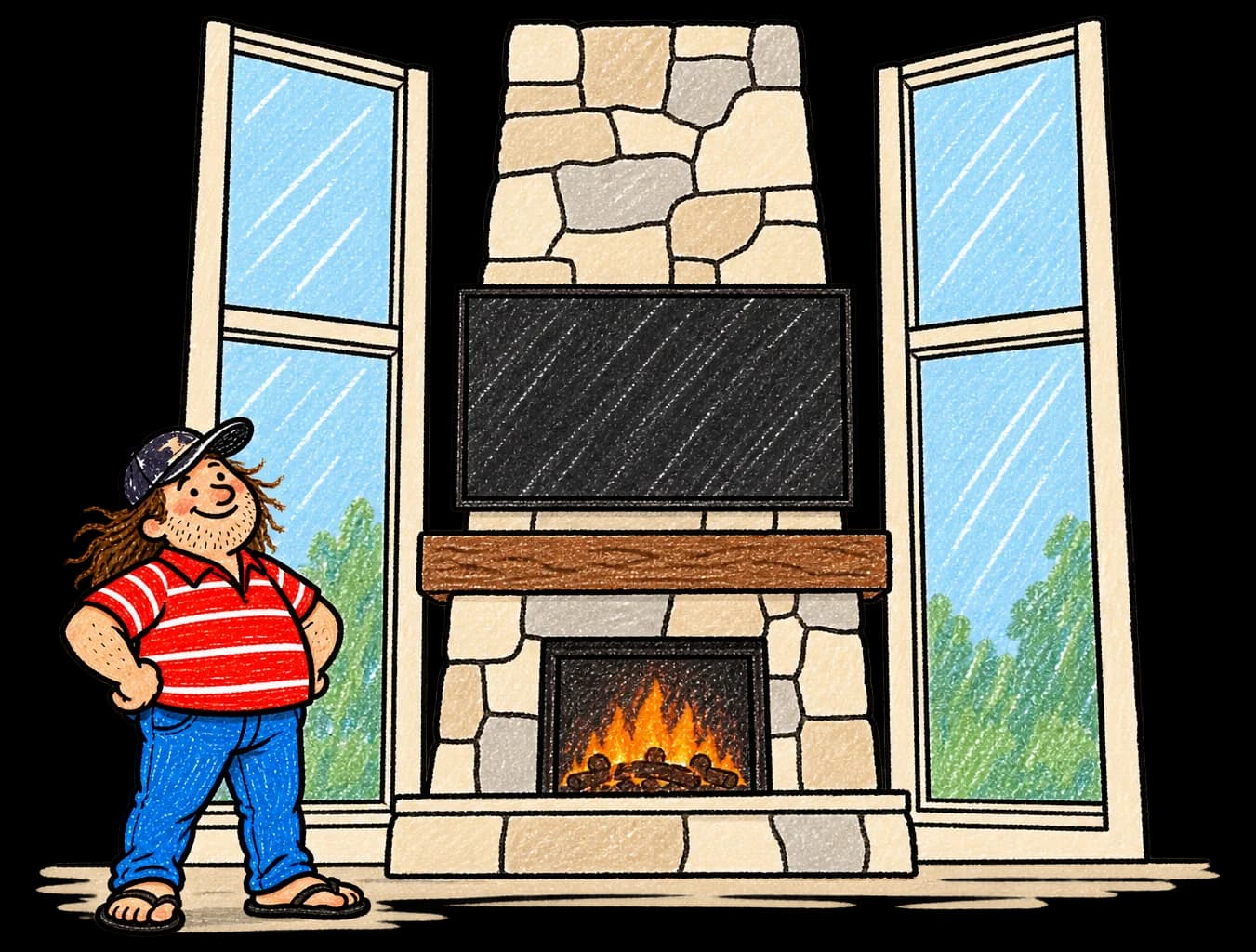 Billy admiring a TV he mounted above a stone fireplace in a big living room.