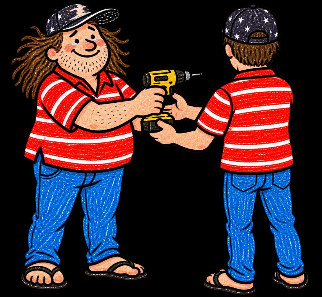 Billy handing his drill to his son.