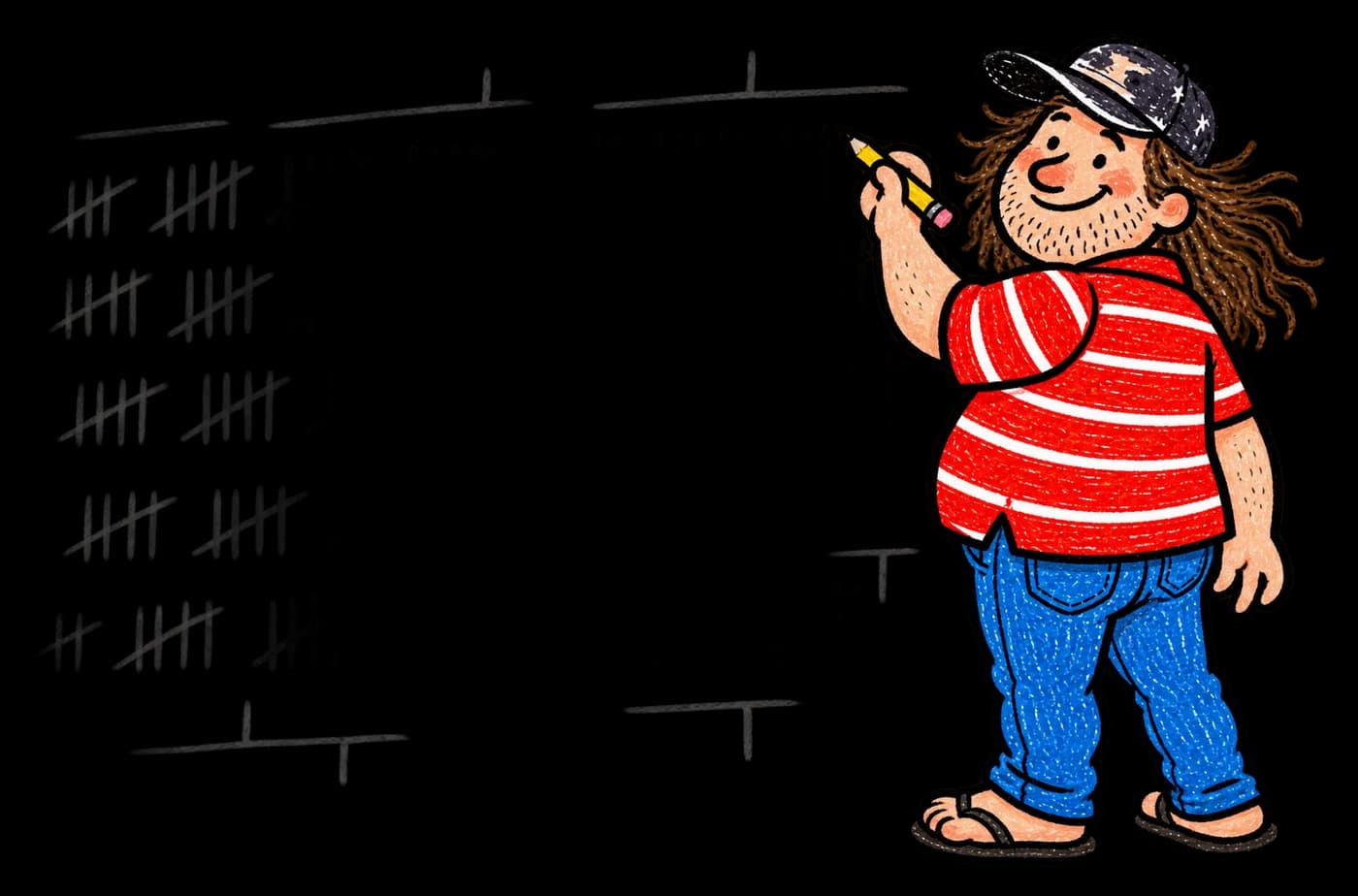 Billy adding one more tally mark to a wall covered in them.