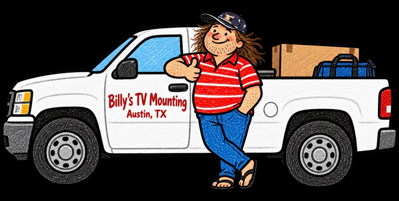 Billy leaning on his white pickup, lettered Billy's TV Mounting, Austin, TX.