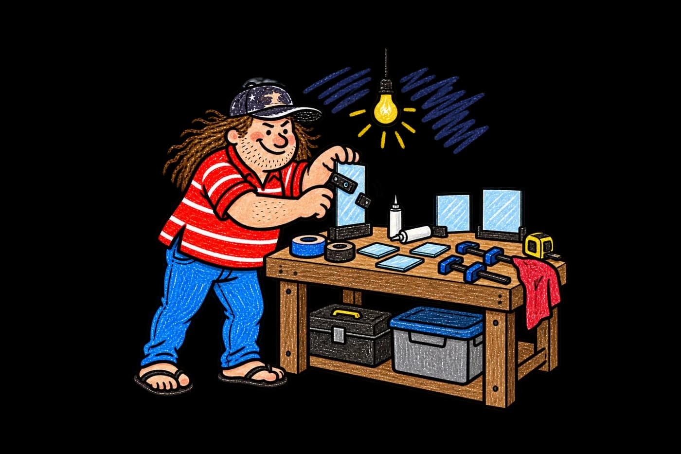 Billy testing tapes and epoxies on mirror squares at his garage workbench.