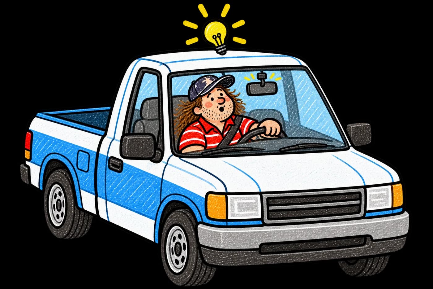 Billy driving his truck, struck by an idea about the rearview mirror.