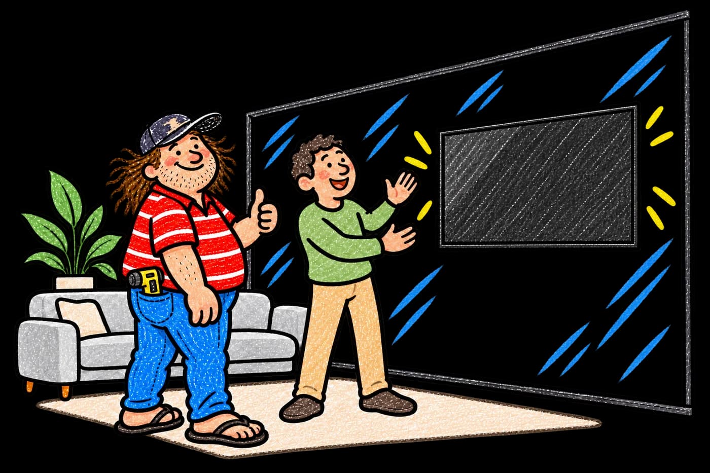 The TV floating on the mirror wall, no holes, with Billy and the happy homeowner.